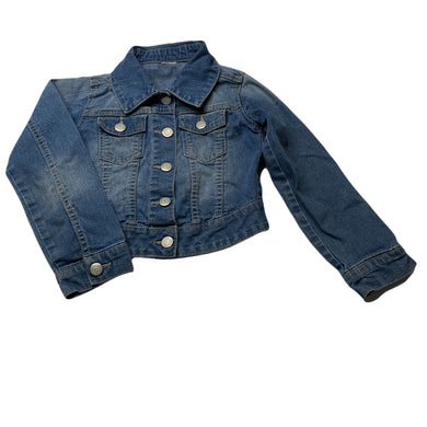 Girls blue, stretch denim jacket, no labels, armpit to armpit: 31cm, shoulder to cuff: 40cm, FUC, size 5-6,  