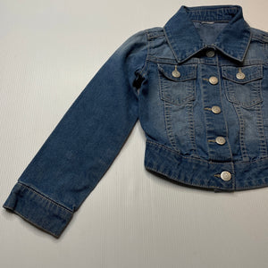 Girls blue, stretch denim jacket, no labels, armpit to armpit: 31cm, shoulder to cuff: 40cm, FUC, size 5-6,  