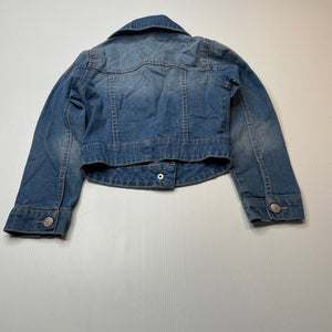 Girls blue, stretch denim jacket, no labels, armpit to armpit: 31cm, shoulder to cuff: 40cm, FUC, size 5-6,  