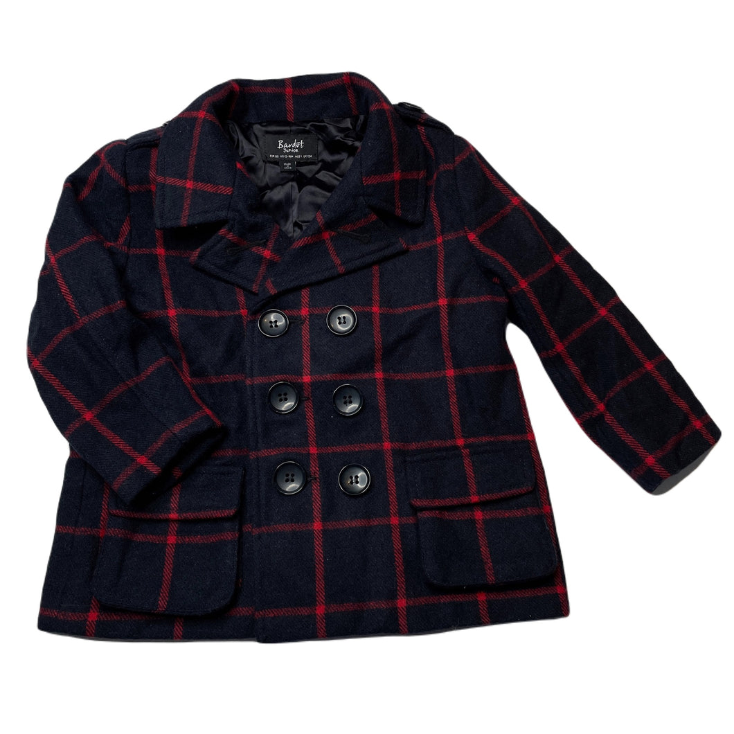 unisex Bardot Junior, navy check wool blend jacket / coat, EUC, size 1,  