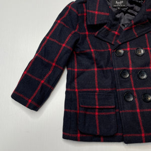 unisex Bardot Junior, navy check wool blend jacket / coat, EUC, size 1,  