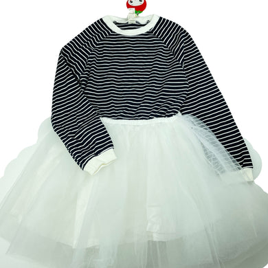 Girls STRAWBERRY CORAL, navy & white stripe tulle dress, NEW, size 6-7, L: 62cm