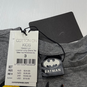 unisex Cotton On, Batman cotton long sleeve top, NEW, size 3,  