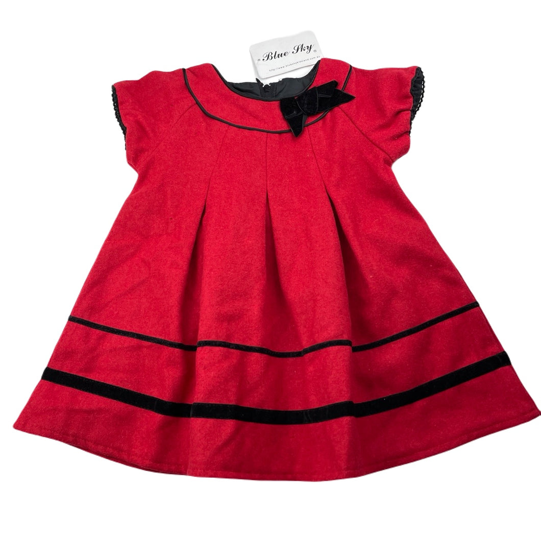 Girls Blue Sky, lined red wool blend dress, NEW, size 12 months, L: 43cm