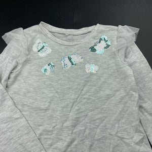 Girls H&T, grey marle long sleeve top, sequin butterflies, FUC, size 7,  