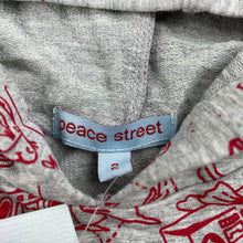 Load image into Gallery viewer, unisex Peace Street, grey &amp; red hooded cotton top, NEW, size 2,  
