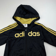 Load image into Gallery viewer, Girls Adidas, black &amp; gold zip up track top, light pilling, FUC, size 2,  