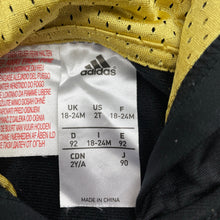 Load image into Gallery viewer, Girls Adidas, black &amp; gold zip up track top, light pilling, FUC, size 2,  