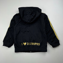 Load image into Gallery viewer, Girls Adidas, black &amp; gold zip up track top, light pilling, FUC, size 2,  