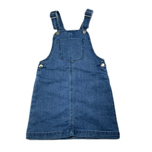 Load image into Gallery viewer, Girls blue, stretch denim overalls dress / pinafore, GUC, size 5-6, L: 60cm