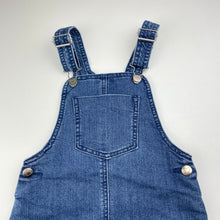 Load image into Gallery viewer, Girls blue, stretch denim overalls dress / pinafore, GUC, size 5-6, L: 60cm