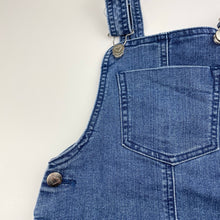 Load image into Gallery viewer, Girls blue, stretch denim overalls dress / pinafore, GUC, size 5-6, L: 60cm
