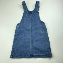 Load image into Gallery viewer, Girls blue, stretch denim overalls dress / pinafore, GUC, size 5-6, L: 60cm