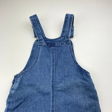 Load image into Gallery viewer, Girls blue, stretch denim overalls dress / pinafore, GUC, size 5-6, L: 60cm