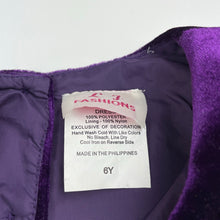 Load image into Gallery viewer, Girls LJ Fashions, lined purple velvet party dress, EUC, size 6, L: 66cm