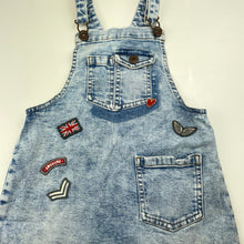 Load image into Gallery viewer, Girls Next, stretch denim overalls dress / pinafore, small marks lower front, FUC, size 6, L: 60cm