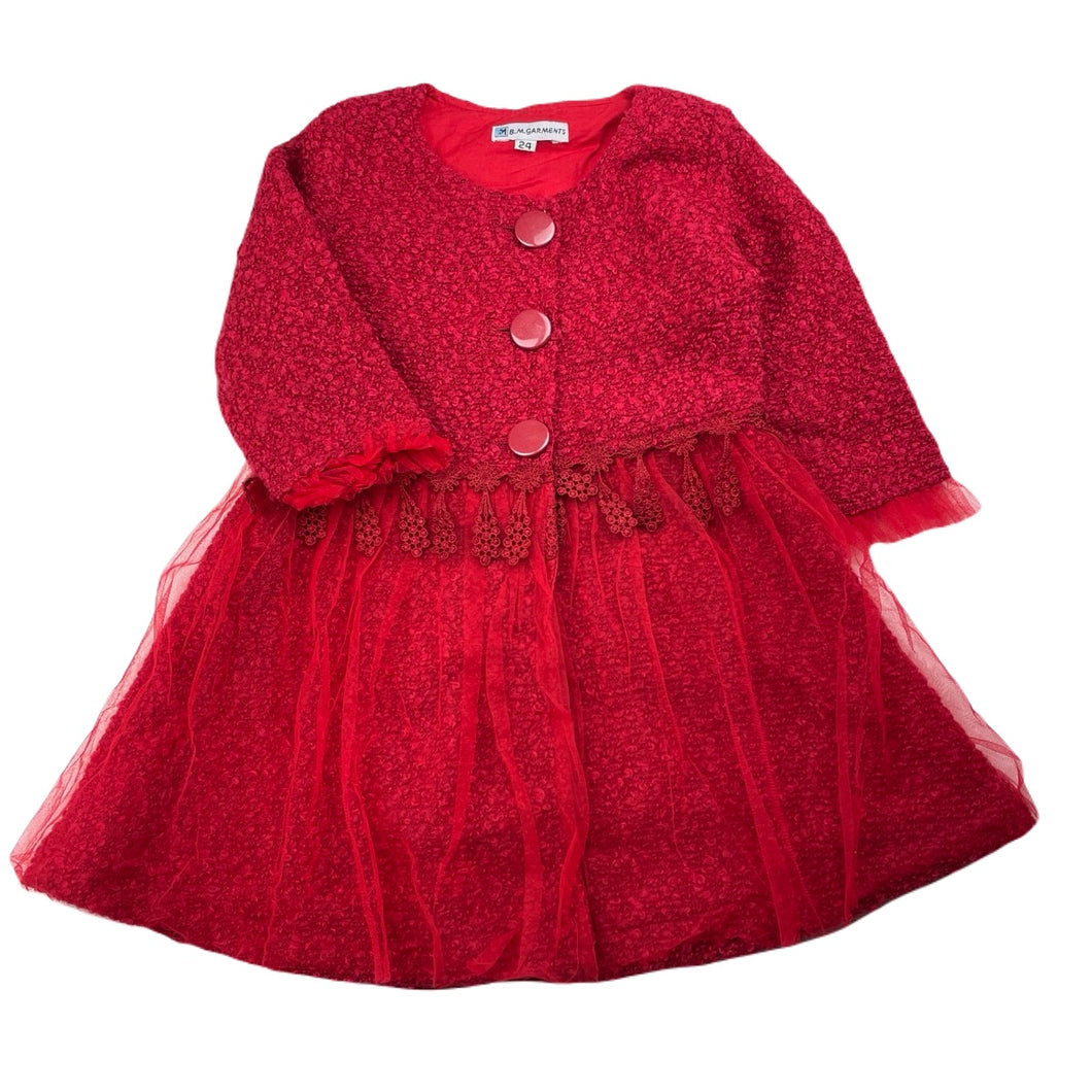 Girls B.M.GARMENTS, red boucle & tulle dress, GUC, size 2, L: 51cm
