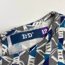 Load image into Gallery viewer, Girls L&amp;D, viscose geometric print dress, EUC, size 12, L: 67cm