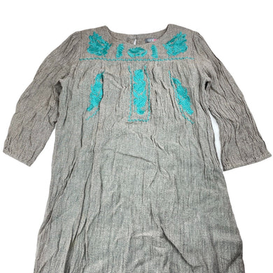 Girls ONE RED FLY, cotton lined embroidered flax dress, light mark lower front, FUC, size 12, L: 76cm