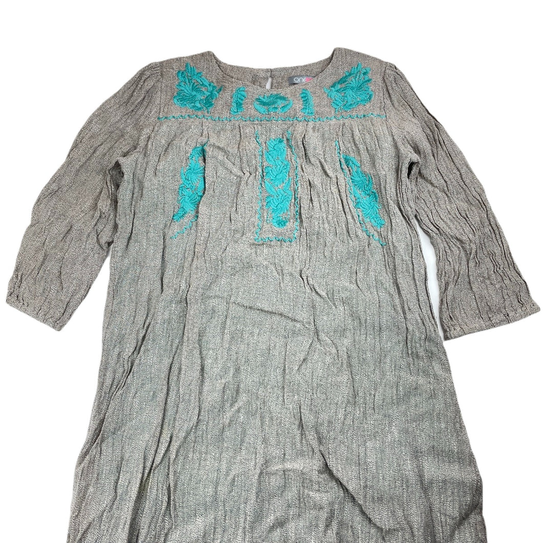 Girls ONE RED FLY, cotton lined embroidered flax dress, light mark lower front, FUC, size 12, L: 76cm