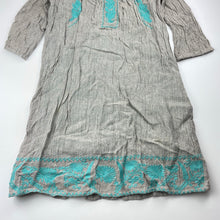 Load image into Gallery viewer, Girls ONE RED FLY, cotton lined embroidered flax dress, light mark lower front, FUC, size 12, L: 76cm