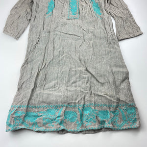 Girls ONE RED FLY, cotton lined embroidered flax dress, light mark lower front, FUC, size 12, L: 76cm