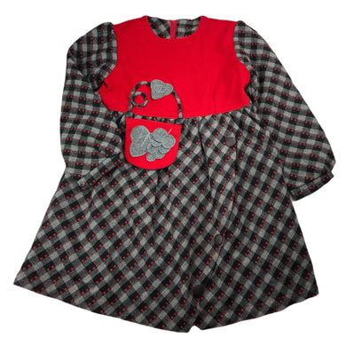 Girls lined, long sleeve dress, no labels, armpit to armpit: 33cm, shoulder to cuff: 40cm, light marks front, FUC, size 6-7, L: 61cm approx