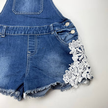Load image into Gallery viewer, Girls Breakers, lace trim stretch denim overalls / shortalls, FUC, size 12,  