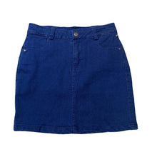 Load image into Gallery viewer, Girls Mia, blue stretch denim skirt, L: 37cm, W: 32.5cm across unstretched, GUC, size 10,  