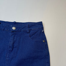 Load image into Gallery viewer, Girls Mia, blue stretch denim skirt, L: 37cm, W: 32.5cm across unstretched, GUC, size 10,  