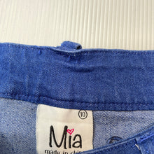 Load image into Gallery viewer, Girls Mia, blue stretch denim skirt, L: 37cm, W: 32.5cm across unstretched, GUC, size 10,  