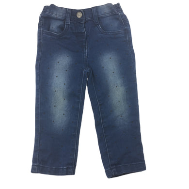 Tiny Little Wonders blue stretch denim jeans, black spots, elasticated waist, size 1, Pre-loved