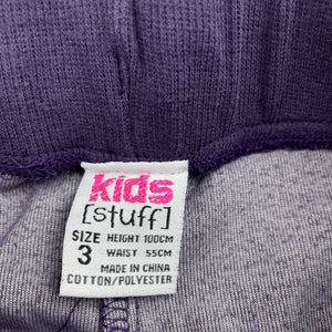 Girls Kids Stuff, purple velour pants, elasticated, Inside leg: 36.5cm, EUC, size 3,  