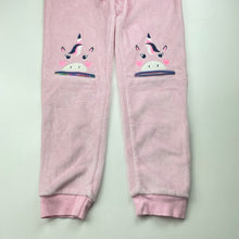 Load image into Gallery viewer, Girls Tutus &amp; Tambourines, pink velour track pants, unicorns, Inside leg: 53cm, EUC, size 7,  