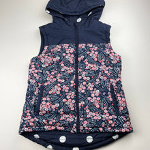 Load image into Gallery viewer, Girls Eve's Sister, reversible navy floral/spot hooded vest, EUC, size 10,  