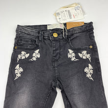 Load image into Gallery viewer, Girls Zara, embroidered stretch denim jeans, adjustable, Inside leg: 32cm, NEW, size 3-4,  