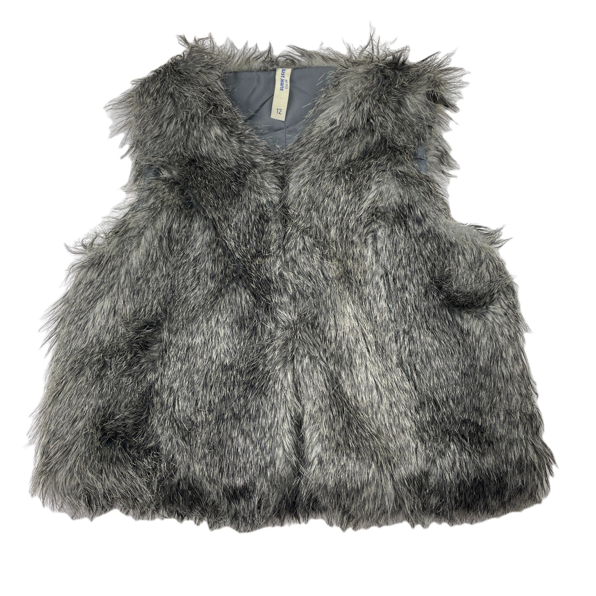 Just Jeans, grey faux fur vest, hook fastening, GUC, size 12