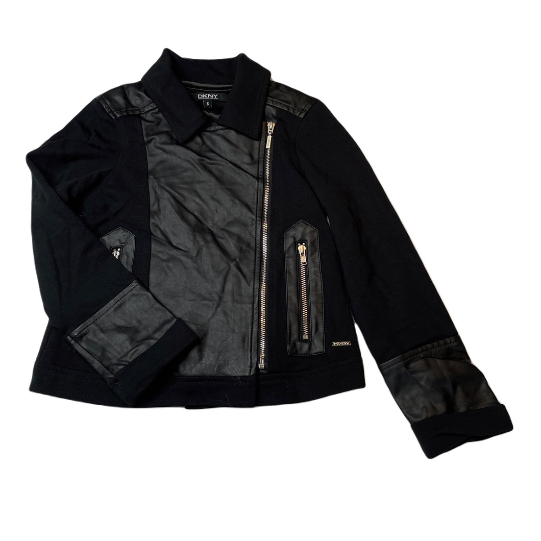 Girls DKNY, black lightweight jacket, faux leather detail, EUC, size 6,  