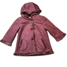 Load image into Gallery viewer, Girls Rothschild, fleece lined faux suede hooded jacket, no size, L: 47cm, armpit to armpit: 36.5cm, shoulder to cuff: 34.5cm, light mark back right sleeve, FUC, size 3-4,  