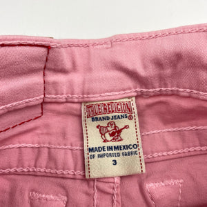 Girls TRUE RELIGION, pink stretch cotton pants / jeans, Inside leg: 36cm, W: 26cm across unstretched, NEW, size 3,  