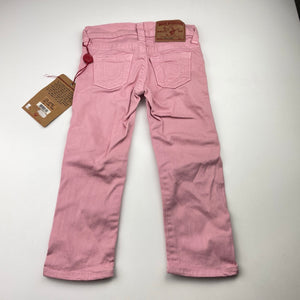 Girls TRUE RELIGION, pink stretch cotton pants / jeans, Inside leg: 36cm, W: 26cm across unstretched, NEW, size 3,  