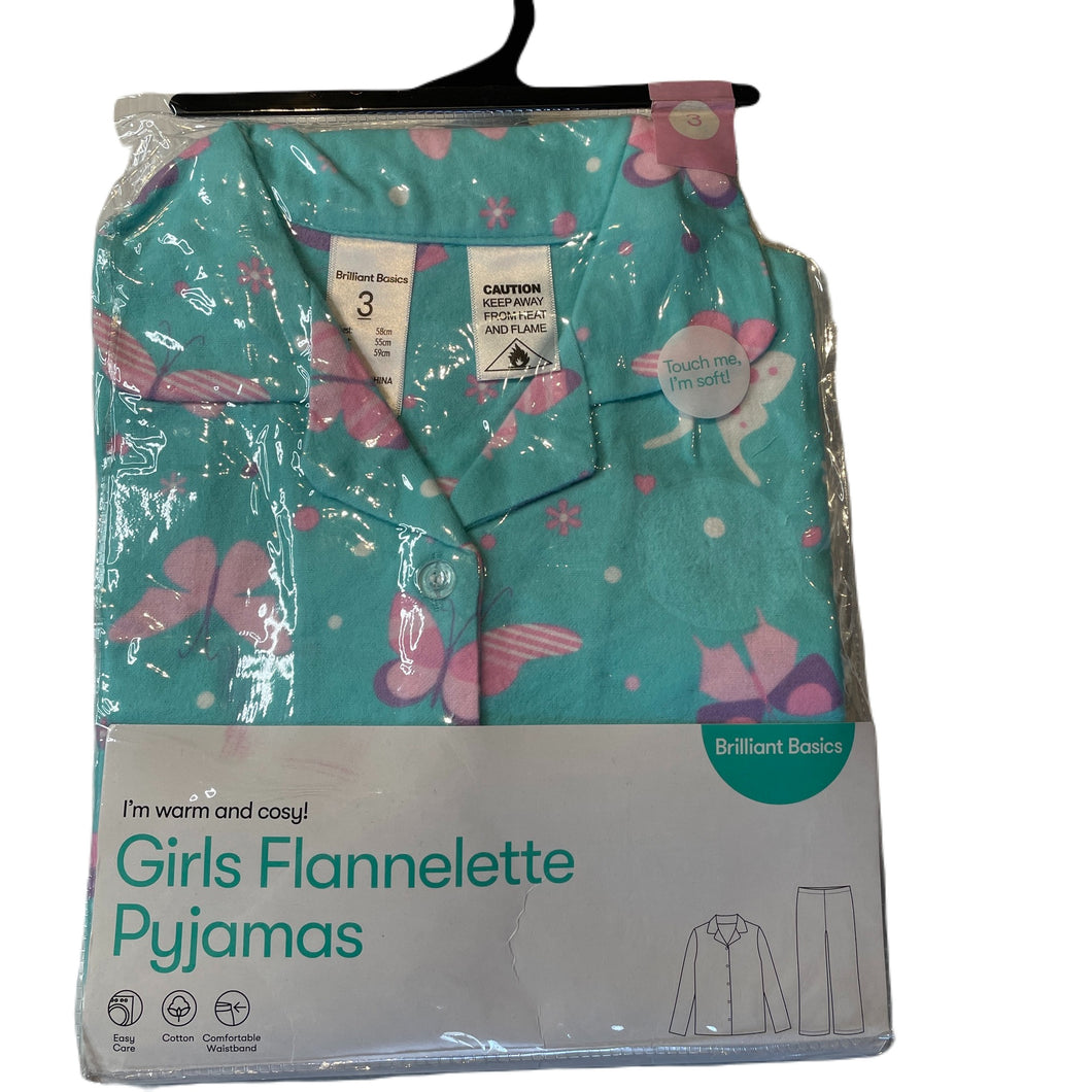 Girls Brilliant Basics, flannel cotton winter pyjamas, butterflies, NEW, size 3,  