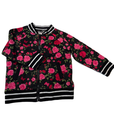Girls floral, fleece lined zip up sweater, no labels, armpit to armpit: 32cm, armpit to cuff: 23cm, GUC, size 1-2,  