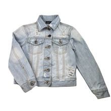 Load image into Gallery viewer, Girls Bardot Junior, distressed denim jacket, marks back right sleeve, FUC, size 5,  