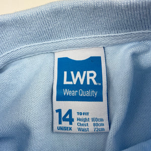 unisex LWR, blue long sleeve school polo shirt, FUC, size 14,  