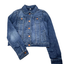Load image into Gallery viewer, Girls GAP, blue stretch denim jacket, poppers, Sz: L, armpit to armpit: 38cm, shoulder to cuff: 54cm, GUC, size 12-14,  