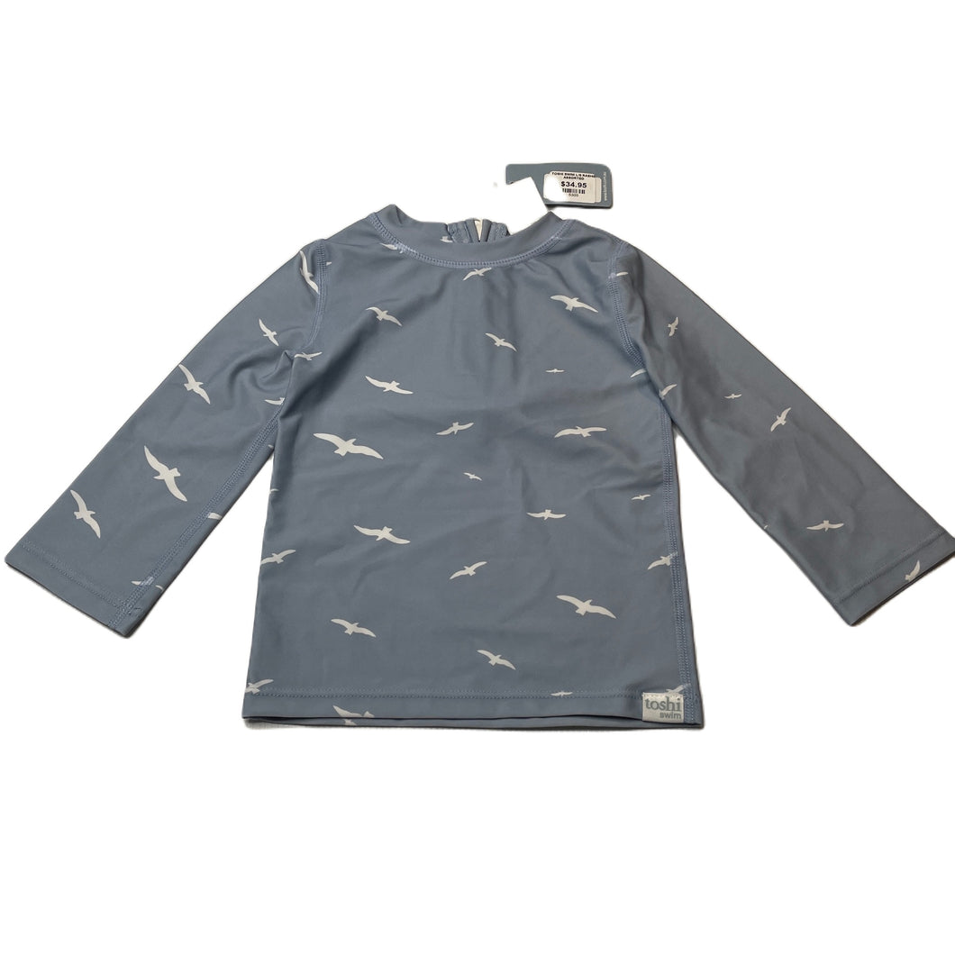 unisex Toshi, blue long sleeve rashie / swim top, seagulls, NEW, size 0,  