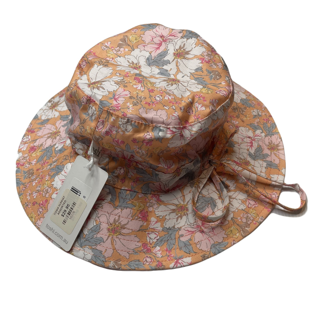 Girls Toshi, orange floral cotton sum hat, Sz: S, circum: 52cm, NEW, size 1-2,  