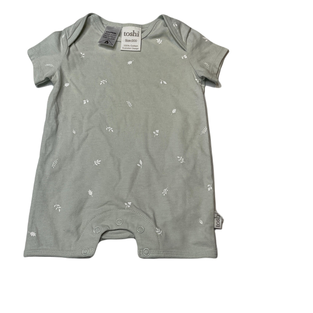 unisex Toshi, green cotton romper, leaves, NEW, size 000,  
