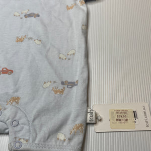 unisex Toshi, blue cotton romper, farmyard animals, NEW, size 000,  